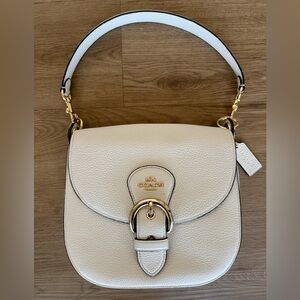 Coach Kleo Cream Pebbled Leather Shoulder Bag Gold Hardware Beige Suede Interior
